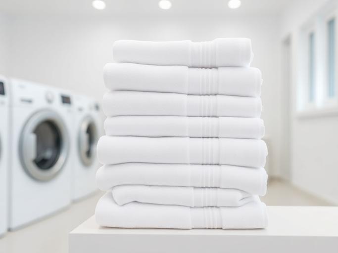 Fresh white towels folded in a laundry facility